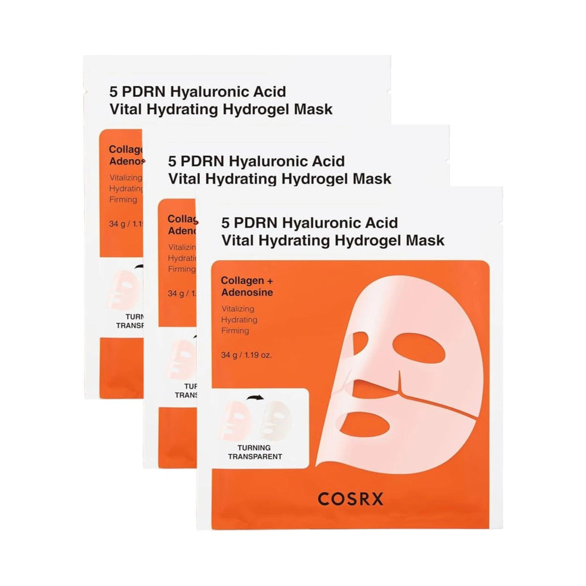 Lot de trois sachets du masque hydrogel COSRX 5 PDRN Hyaluronic Acid sur fond blanc