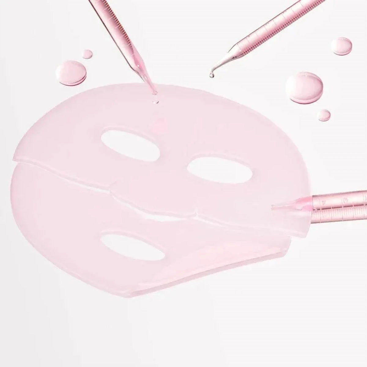 Feuille de masque rose translucide Medicube PDRN Pink Collagen à plat avec pipettes et gouttes