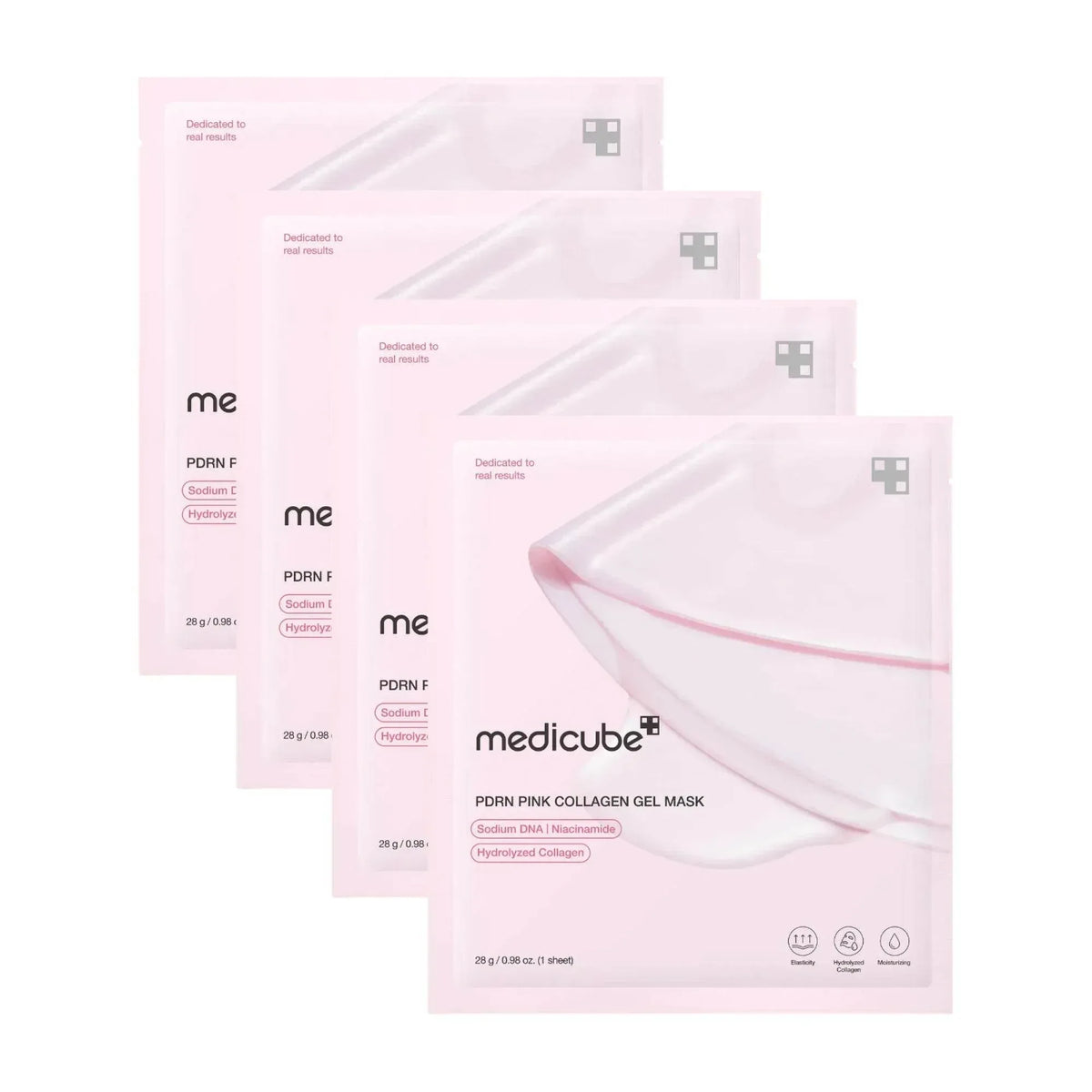 Lot de quatre sachets roses du masque en gel Medicube PDRN Pink Collagen alignés sur fond blanc