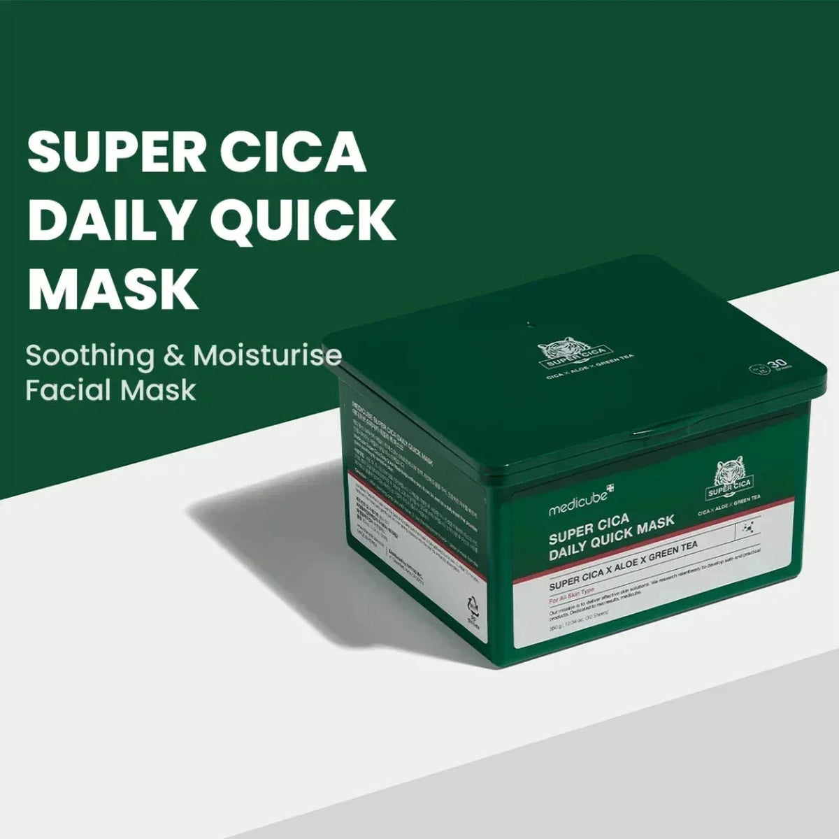 Visuel de la boîte Medicube Super Cica Daily Quick Mask sur fond vert avec le nom du produit
