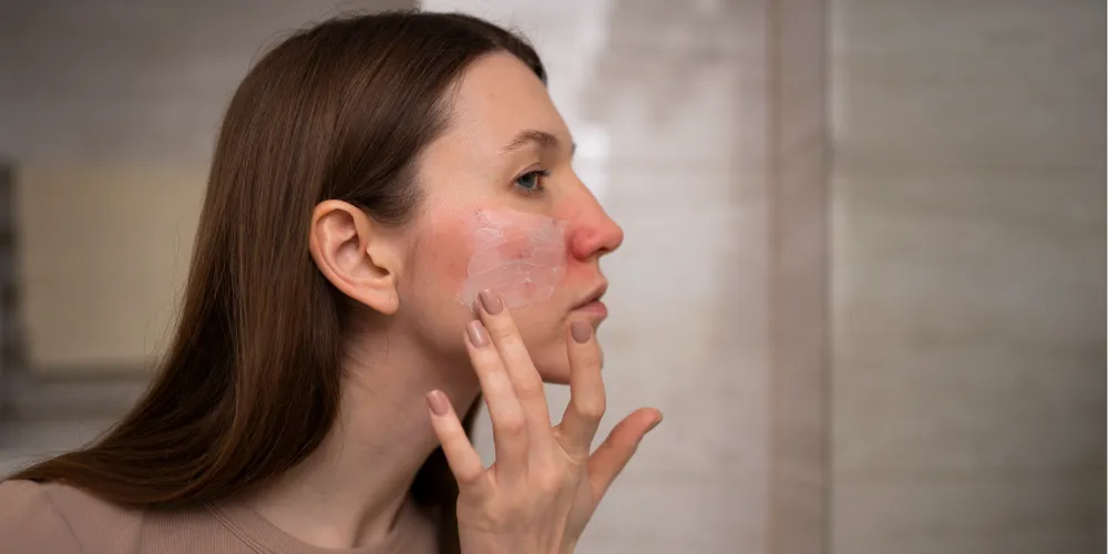 Femme appliquant une crème apaisante sur une zone de rougeurs et d'irritations au niveau des joues, soin visage pour peau sensible.