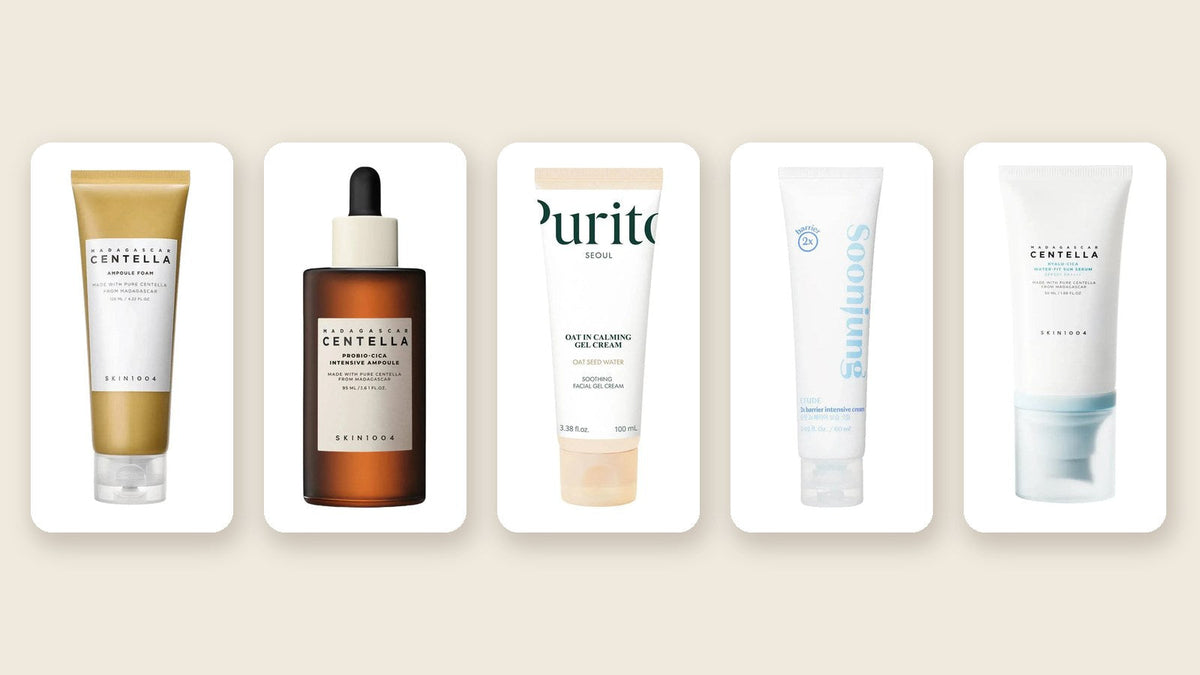 Routine coréenne pour peau sensible en 5 soins : nettoyant SKIN1004 Centella, ampoule Probio-Cica, gel crème Purito, crème Etude Soon Jung et solaire SKIN1004